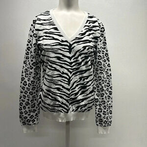 Moschino Sweater V-Neck Long Sleeve Knit Animal Print Black White Size Small *